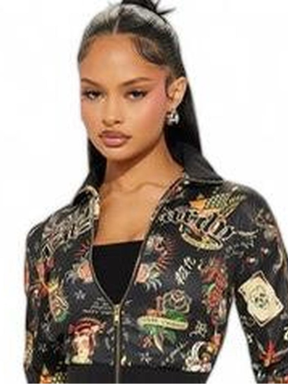Ed Hardy Cropped Zip Jacket Tattoo Print Y2K Black Size Large
